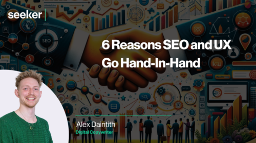 two hands shaking hands. They are surrounded by graphs, people and cogs to represent SEO and UX
